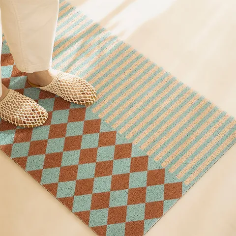 Retro Mid Century Checkered Doormat PVC Silk Loop Anti Slip Entrance Mat Dirt Resistant Floor Mat For Porch Home Decor