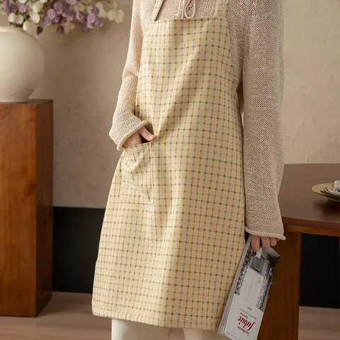 Pure Cotton Waterproof Oil Proof Kitchen Apron For Women Minimalist Plaid Cooking Sleeveless Coverall Work Bib