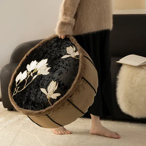 New Chinese Style Round Tatami Floor Cushion Magnolia Embroidered Velvet Pouf Living Room Bedroom Decorative Floor Pillow