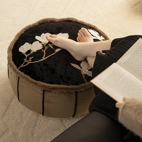 New Chinese Style Round Tatami Floor Cushion Magnolia Embroidered Velvet Pouf Living Room Bedroom Decorative Floor Pillow