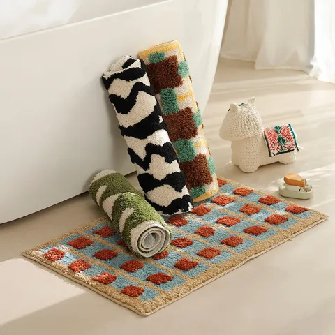 Alfombrilla Absorbente de Secado Rápido Retro Vintage Cuadros Geométrico Antideslizante Alfombra de Baño Puerta Decoración