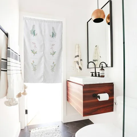 Imitation Linen Fabric Door Curtain Printed Two Piece Rod Pocket Small Curtain For Home Bedroom Bathroom Decor