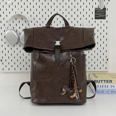 Large Capacity Roll Top Backpack For Women PU Leather College School Bookbag Casual Travel Commuter Laptop Backpack
