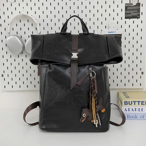 Large Capacity Roll Top Backpack For Women PU Leather College School Bookbag Casual Travel Commuter Laptop Backpack