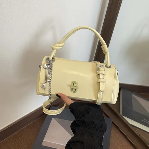 Minimalistisch PU Leder Handtasche Unifarben Casual Top Griff Umhängetasche Mit Kette Schlüssel Anhänger Mode Schultertasche Für Damen