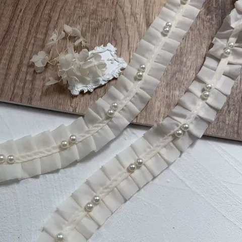Adorno de Encaje de Chiffon Plisado Beige Cinta Con Cuentas Tela Para Dobladillo de Ropa Falda Vestido Costura Decoración DIY