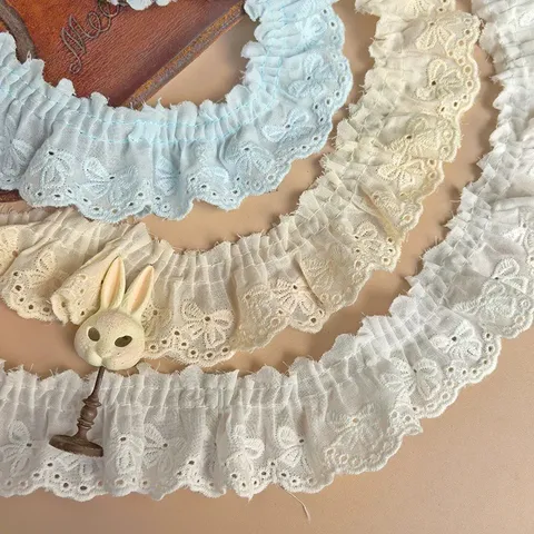 Algodón Puro Bordado Lazo Calado Plisado Cinta de Encaje Para Manualidades DIY Costura de Prendas Ropa de Muñeca Ropa de Cama
