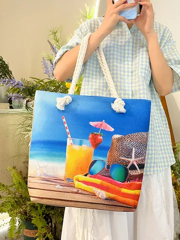 Grote Capaciteit Canvas Strand Tote Tas Katoen Linnen Casual Vakantie Schoudertas Met Rits En Duurzaam Touw Handvat