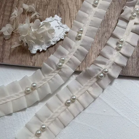 Adorno de Encaje de Chiffon Plisado Beige Cinta Con Cuentas Tela Para Dobladillo de Ropa Falda Vestido Costura Decoración DIY