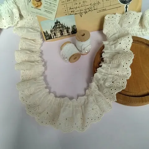 Algodón Puro Bordado Lazo Calado Plisado Cinta de Encaje Para Manualidades DIY Costura de Prendas Ropa de Muñeca Ropa de Cama