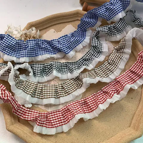 Adorno de Encaje Plisado de Organza de Cuadros DIY Ropa de Muñeca Ropa Lolita Sombrerería Cinta de Poliéster Decorativa Accesorios de Costura