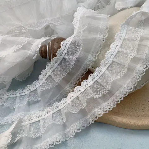 Ribete de Encaje de Tul Plisado de Lunares de Doble Capa Negro y Blanco Ropa Lolita Cuello Puño Decoración DIY Tela de Costura