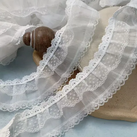 Ribete de Encaje de Tul Plisado de Lunares de Doble Capa Negro y Blanco Ropa Lolita Cuello Puño Decoración DIY Tela de Costura