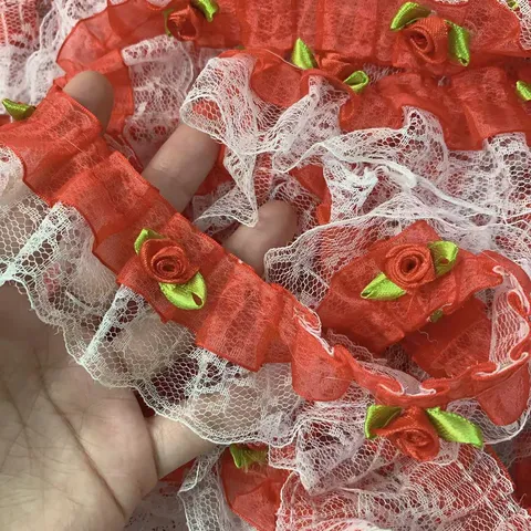 Double Layer Red Organza Handmade 3D Rose Flower Lace Trim Ribbon Fabric For Doll Clothes Craft DIY Sewing Decoration
