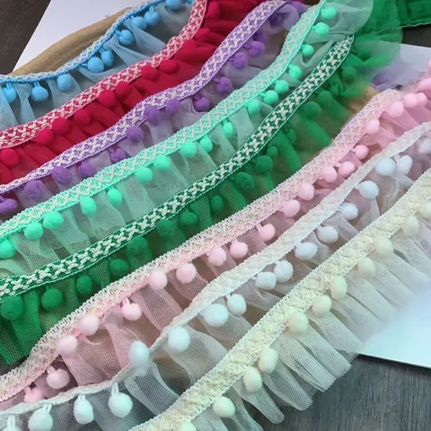 Borde de Encaje de Tul de Doble Capa Multicolor con Pompones Borlas Flecos para Costura de Ropa de Muñeca DIY