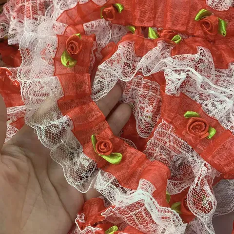 Double Layer Red Organza Handmade 3D Rose Flower Lace Trim Ribbon Fabric For Doll Clothes Craft DIY Sewing Decoration