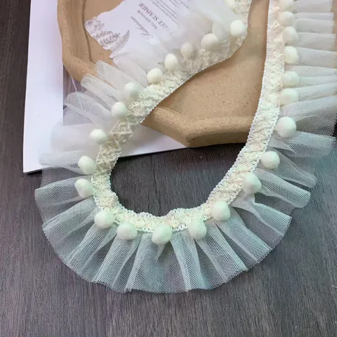 Borde de Encaje de Tul de Doble Capa Multicolor con Pompones Borlas Flecos para Costura de Ropa de Muñeca DIY