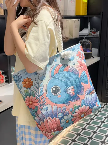 Dames Mode Canvas Tote Tas Grote Capaciteit Casual Strand Schoudertas Vis Borduurwerk Handtas Shopper