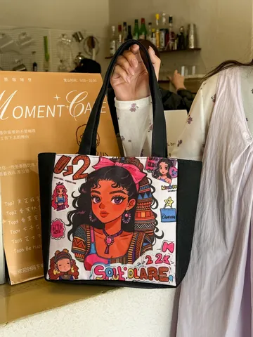 Dames Mode Canvas Tote Bag Schattig Zwart Meisje Cartoon Print Handtas Casual Dagelijkse Shopping Reizen Schoudertas