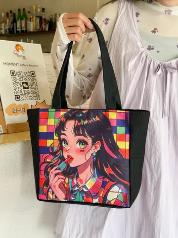 Dames Mode Canvas Tote Bag Schattig Zwart Meisje Cartoon Print Handtas Casual Dagelijkse Shopping Reizen Schoudertas