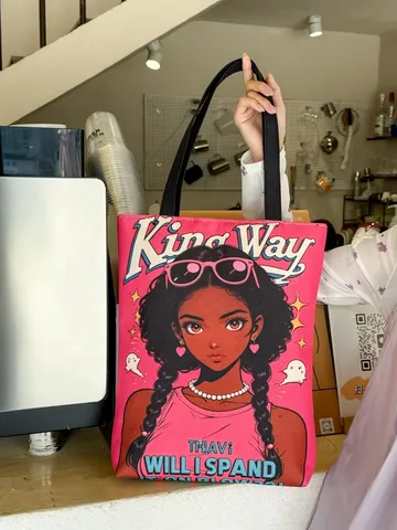 Fashion Canvas Tote Bag For Women Vintage Black Girl Cartoon Print Large Capacity Shoulder Handbag Casual Daily Commute Bag