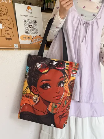 Fashion Canvas Tote Bag For Women Vintage Black Girl Cartoon Print Large Capacity Shoulder Handbag Casual Daily Commute Bag