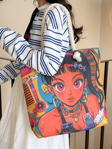 Dames Mode Grote Canvas Tote Tas Studenten Casual Schouder Winkelmandje Leuke Anime Meisje Grafische Print Handtas