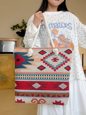 Vintage Etnische Geometrische Totem Borduurd Katoen Linnen Tote Bag Grote Capaciteit Casual Schoudertas Met Henneptouw Handvat Voor Vrouwen