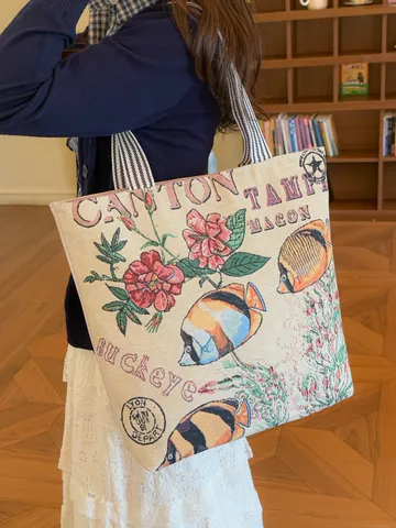 Dames Etnische Geboorduurd Canvas Tote Bag Grote Capaciteit Casual Schoudertas Brokaat Stof School Top Handle Tas