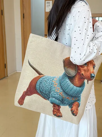 Dames Grote Canvas Tote Bag Artistiek Geborduurd Cartoon Hond Dier Schoudertas Contrast Gestreepte Riem Casual Boodschappentas