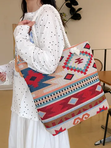 Ethnic Style Embroidered Canvas Tote Bag Large Capacity Casual Shoulder Bag With Hemp Rope Handle For Women
