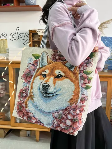 Dames Grote Capaciteit Canvas Tote Bag Artistiek Bedrukt Cartoon Dieren Bloemen Patroon Milieuvriendelijke Casual Schoudertas Reizen Fitness Handtas