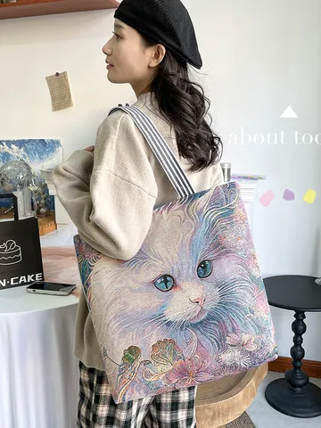 Dames Grote Capaciteit Canvas Tote Bag Artistiek Bedrukt Cartoon Dieren Bloemen Patroon Milieuvriendelijke Casual Schoudertas Reizen Fitness Handtas