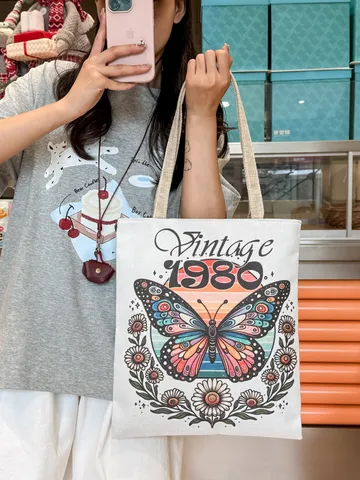 Dames Vlinder Floral Canvas Tote Bag Grote Capaciteit Vintage Esthetiek Bedrukte Schoudertas Casual Handtas Eco Shopper Tas