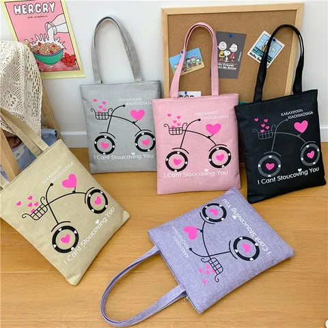 Dames Leuke Katoen Linnen Schoudertas Zoet Cartoon Olifant Fiets Print Handtas School Student Canvas Boodschappentas