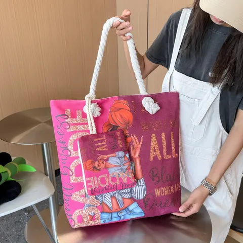 Women Canvas Tote Bag Cartoon Black Girl Printed Shoulder Bag Large Capacity Handbag Casual Shopping Travel Bag With Small Pouch