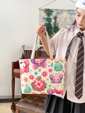 Dames Canvas Tote Tas Grote Capaciteit Schoudertas Casual Bedrukt Vlinder Bloemen Handtas Urban Minimalistisch