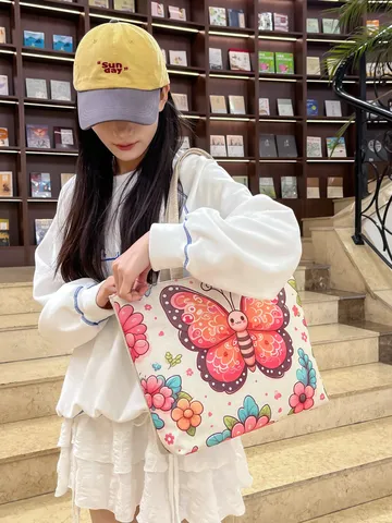 Dames Canvas Tote Tas Grote Capaciteit Schoudertas Casual Bedrukt Vlinder Bloemen Handtas Urban Minimalistisch
