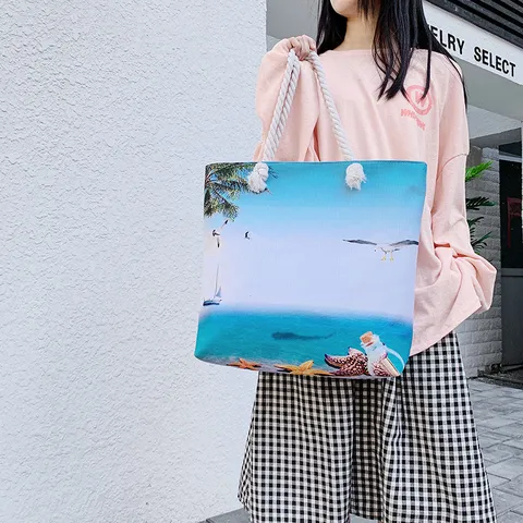 Dames Casual Canvas Strand Tote Bag Met Dik Katoenen Touw Handvat Zomer Vakantie Schoudertas Grote Capaciteit Handtas