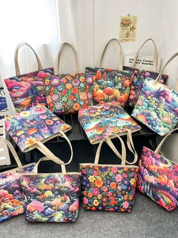 Original Design Canvas Einkaufstasche Für Damen Künstlerische Landschaft Blumen Grafik Schultertasche Große Kapazität Lässige Handtasche Alltägliche Reise Tasche