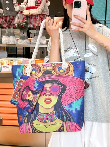 Canvas Tote Bag Met Dik Touwhandvat Grote Capaciteit Dubbelzijdig Bedrukte Strandtas Voor Dames Winkelen Schoudertas