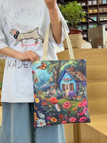 Artistieke Katoen Linnen Canvas Tote Tas Voor Dames Cartoon Kat Pastoraal Landschap Print Grote Capaciteit Rits Schouder Boodschappentas