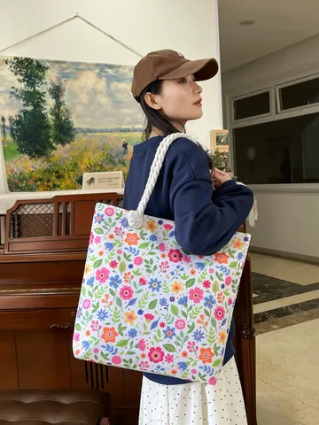 Dames Mode Katoen Linnen Bloemen Tote Bag Grote Capaciteit Kleurblok Schoudertas Casual Strand Handtas Met Touw Handvatten