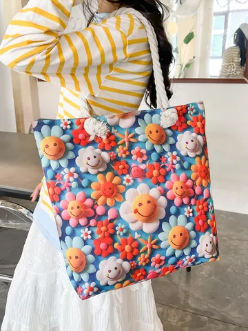 Casual Canvas Women Tote Bag Double Sided Printed Beach Shoulder Bag Fashion Large Shopping Handbag With Hemp Rope Handle