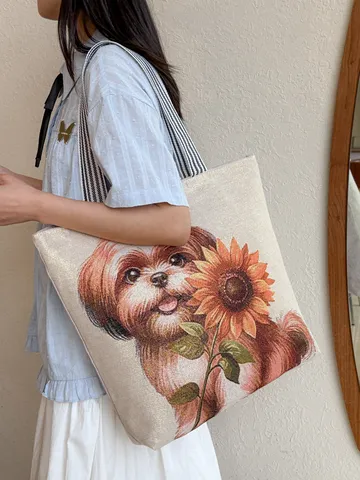 Dames Grote Canvas Tote Bag Artistiek Geborduurd Cartoon Hond Dier Schoudertas Contrast Gestreepte Riem Casual Boodschappentas