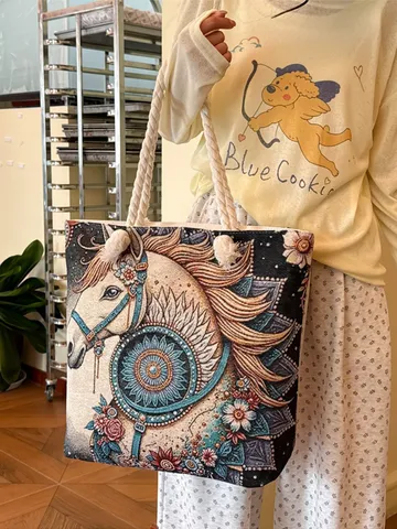 Retro Etnisch Géborduurd Canvas Linnen Tote Bag Grote Capaciteit Vrouwen Touwhandvat Schoudertas Casual Handtas