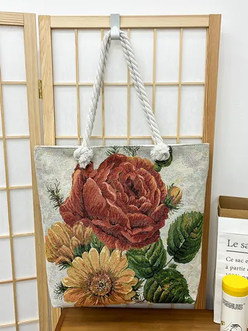Retro Etnisch Géborduurd Canvas Linnen Tote Bag Grote Capaciteit Vrouwen Touwhandvat Schoudertas Casual Handtas