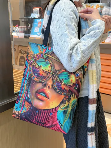 Etnische Stijl Dubbelzijdige Canvas Schoudertas Voor Dames Verse Kleurblok Bedrukte Portret Uil Patroon Canvas Boodschappentas Casual Dagelijks Reizen Handtas