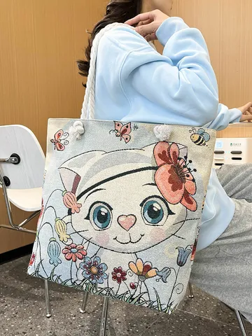 Dames Grote Capaciteit Katoen Linnen Tote Bag Geborduurd Cartoon Dier Bloemen Schoudertas Met Touw Handvatten Mode Handtas