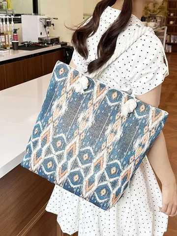 Damen Ethno Geometrische Leinwand Tote Bag Große Kapazität Bestickte Schultertasche Baumwollseil Griff Lässige Reisetasche